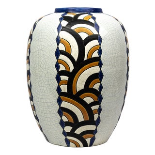 Art Deco Vase in Crackled Earthenware with Geometric Decor from Faïencerie de Nimy, Belgium, 1925-1935 For Sale