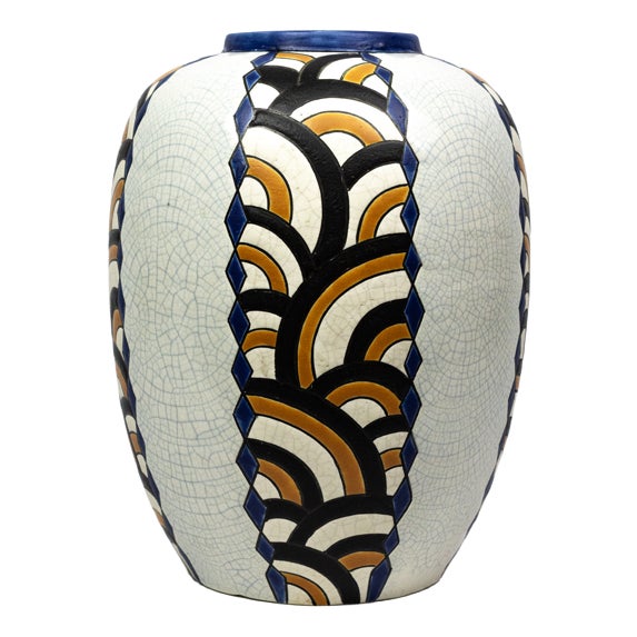 Art Deco Vase in Crackled Earthenware with Geometric Decor from Faïencerie de Nimy, Belgium, 1925-1935 For Sale