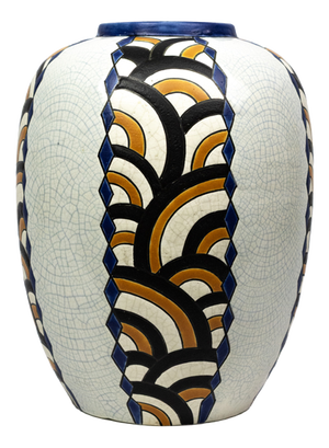 Art Deco Vase in Crackled Earthenware with Geometric Decor from Faïencerie de Nimy, Belgium, 1925-1935