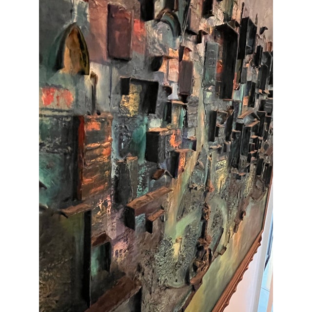 Turquoise Vintage Signed Remington Dimensional Mixed-Media Cityscape on Board For Sale - Image 8 of 12