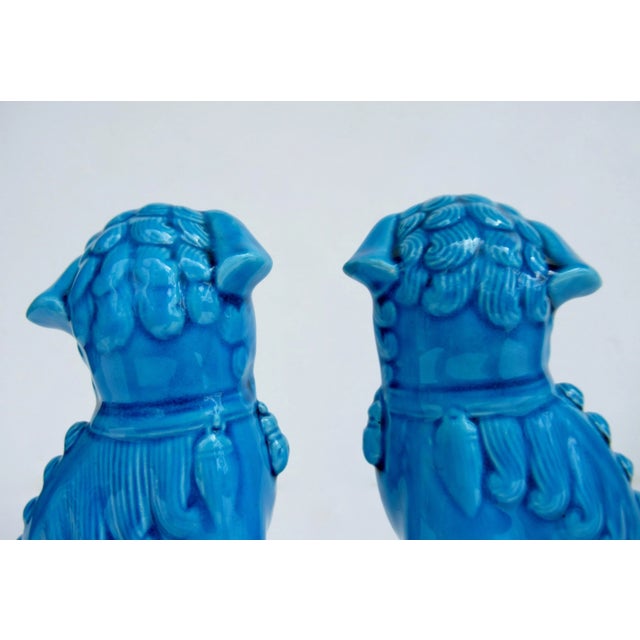 Vintage C1970's-1980's Ceramic Glazed Peacock Cerulean Blue Foo Dogs -A Pair For Sale - Image 9 of 13