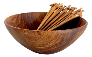 Vintage Hand Turned African Teak Wood Bowl and Hand Carved Animal Cocktail Picks - 13 Pieces