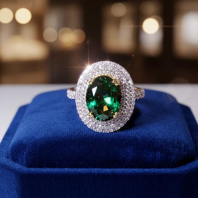 Contemporary 18kt Gia Zambia Oval Emerald Diamond Halo Ring, Size 6.5 For Sale - Image 3 of 5