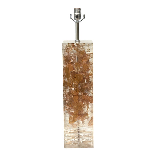 1970's Vintage French Lucite Column Table Lamp With Copper and Gold Leaf by Romeo Paris For Sale