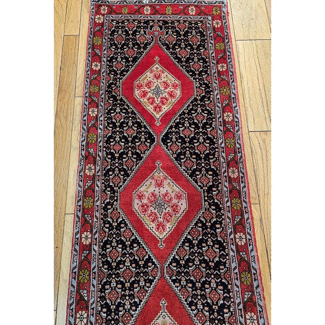 Black Vintage Persian Bidjar Runner, Hand-Knotted Wool, Geometric Pattern, Navy & Red, 3x10 For Sale - Image 8 of 15