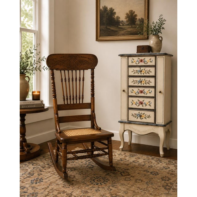 1950s Vintage Hand-Carved Cane Seat Rocking Chair For Sale - Image 5 of 7