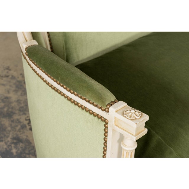 Wood French Louis XVI Style Painted Canapé in Moss Green Velvet, Provence For Sale - Image 7 of 18
