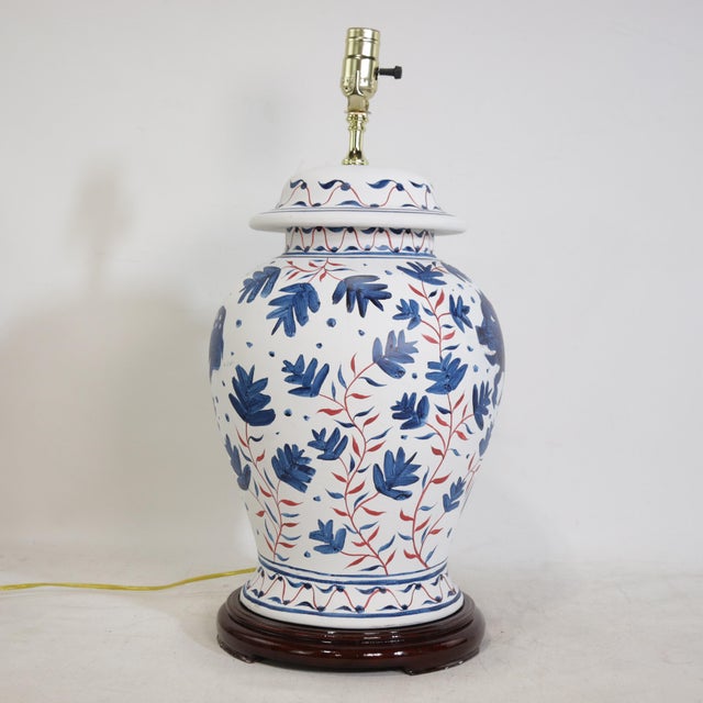 Pair of Vintage Brunschwig & Fils Cadiz Table Lamps With Lid - Blue and White Ceramic With Boar and Deer Motif For Sale - Image 9 of 18