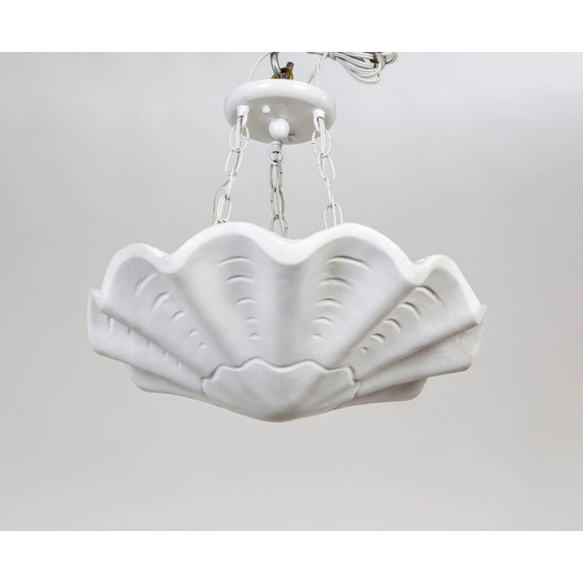 Ribbed (17") Circular Undulating White Plaster Shell Pendant Light For Sale - Image 4 of 7