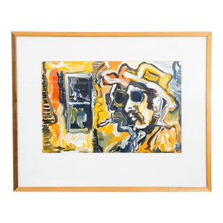 Mid Century Modern Painting Art Abstract Portrait Signed Smoking Cowboy Vintage For Sale