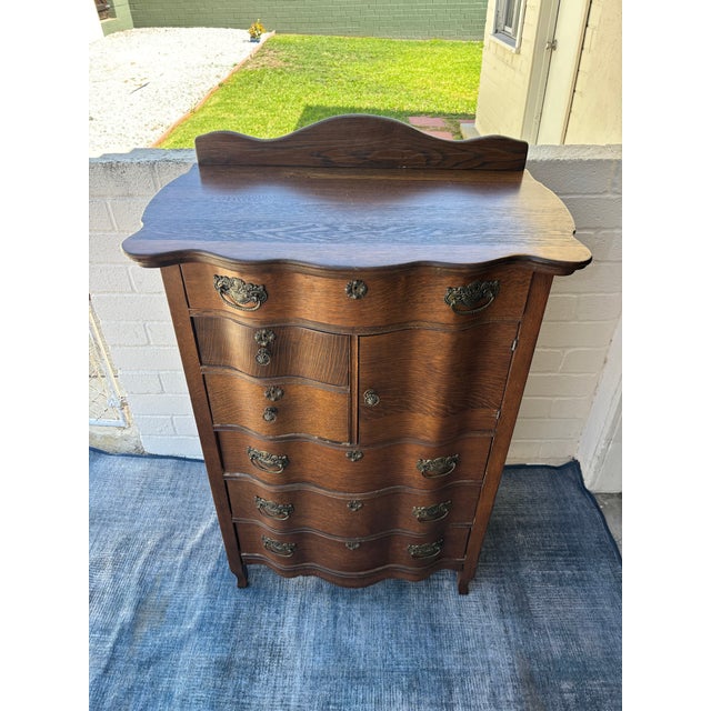 Antique Oak Highboy Dresser Featuring Distinctive Serpentine Bowed Drawers and a Small Upper Side Cabinet For Sale - Image 9 of 11