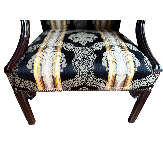 Mid 20th Century Mid 20th Century Pair of Baker Furniture Chippendale Style Mahogany With Scalamandre Fabric Upholstered Library Chairs For Sale - Image 5 of 11