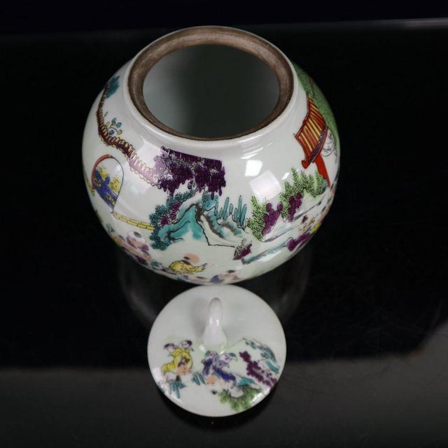 Famille Rose Boys Playing Figural Lidded Ginger Jar, Chinoiserie Porcelain Canister For Sale - Image 4 of 9
