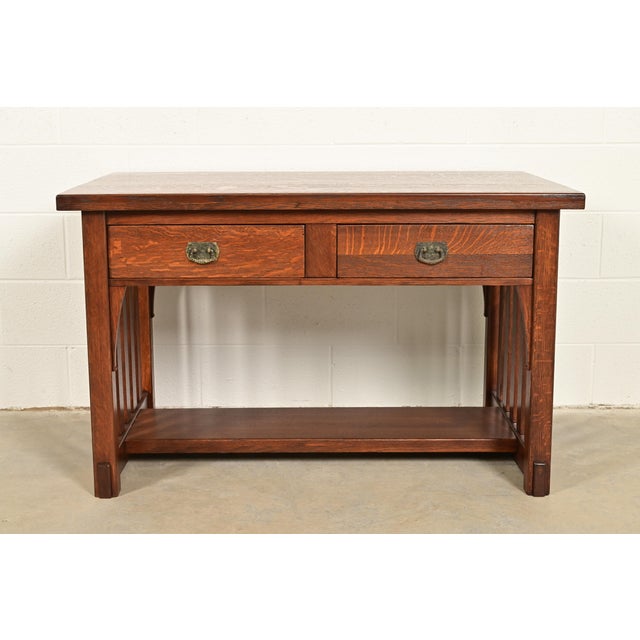Mission Imperial Furniture Grand Rapids Antique Mission Oak Arts & Crafts Writing Desk or Library Table, Newly Refinished For Sale - Image 3 of 12