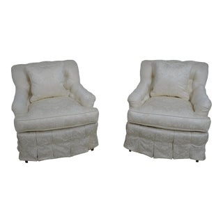 Pair Bright White Damask Upholstered Club Chairs For Sale
