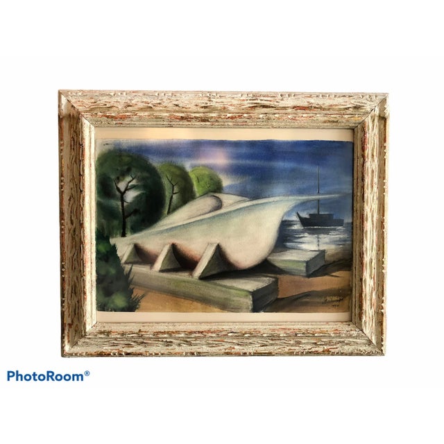 Vintage 1950 Wpa Style Pastel Painting of a Ship For Sale - Image 12 of 12