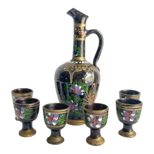 Hand Painted Pitcher & Petite Cups Port Wine Decanter Turkish Pottery Carafe Set of 7