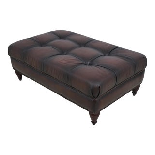 Tufted Brown Leather Ottoman For Sale