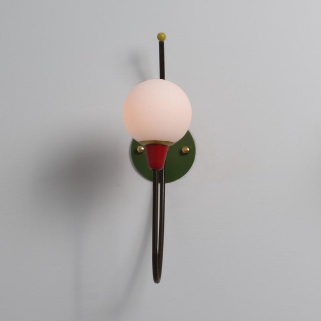 Metal Italian Wall Sconce in Brass, Multicolor Metal and Opaline Glass, 1950s For Sale - Image 7 of 8