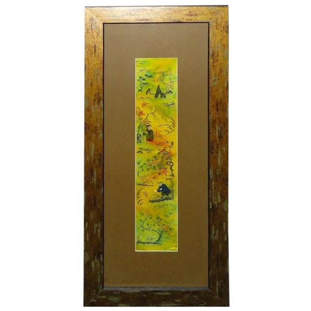 Vintage Hand Embroidered Framed Textile For Sale