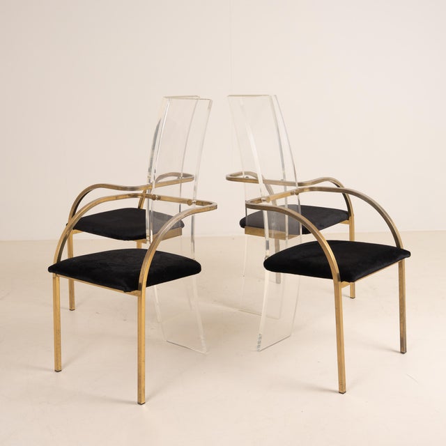 Hollywood Regency Vintage Chairs in Acrylic and Brass from Belgo Chrome, 1980s, Set of 4 For Sale - Image 3 of 11