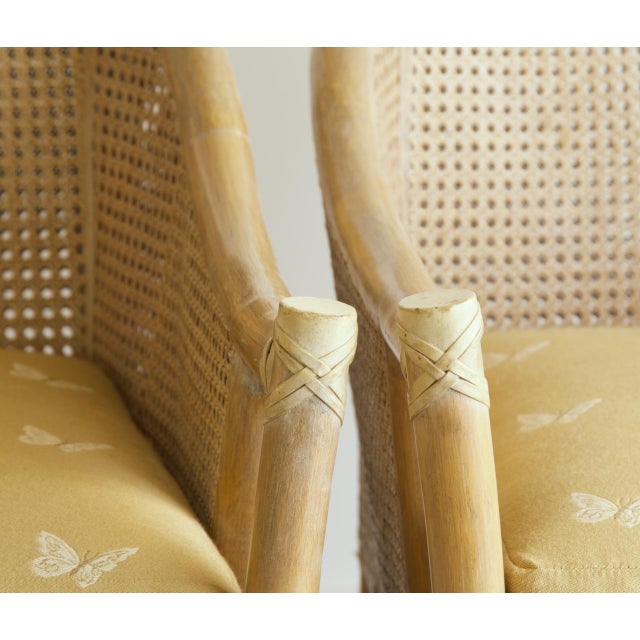 Yellow Pair, Soft Yellow Butterfly Motif McGuire Double Cane Barrel Back Club Chairs, Late 20th Century For Sale - Image 8 of 9