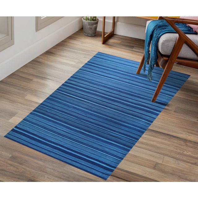 Textile 4x6 Para Penelope Blue Stripe Geometric Flatweave Wool Carpet Rug For Sale - Image 7 of 8
