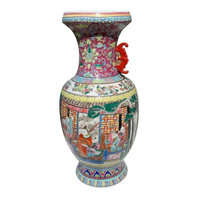Mid 20th Century Tall Ceramic Famille Rose Pink Chinoiserie Vase For Sale