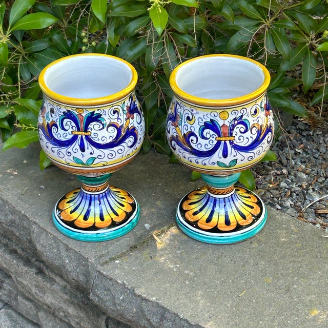 Ceramic Late 20th Century Ricco Deruta Decoration Marisa Martina Siena Italian Ceramic Wine Goblets- a Pair For Sale - Image 7 of 7