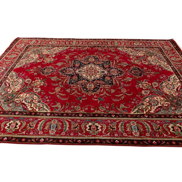 Textile Vintage Persian Tabriz Handmade Wool Red Floral Rug For Sale - Image 7 of 10