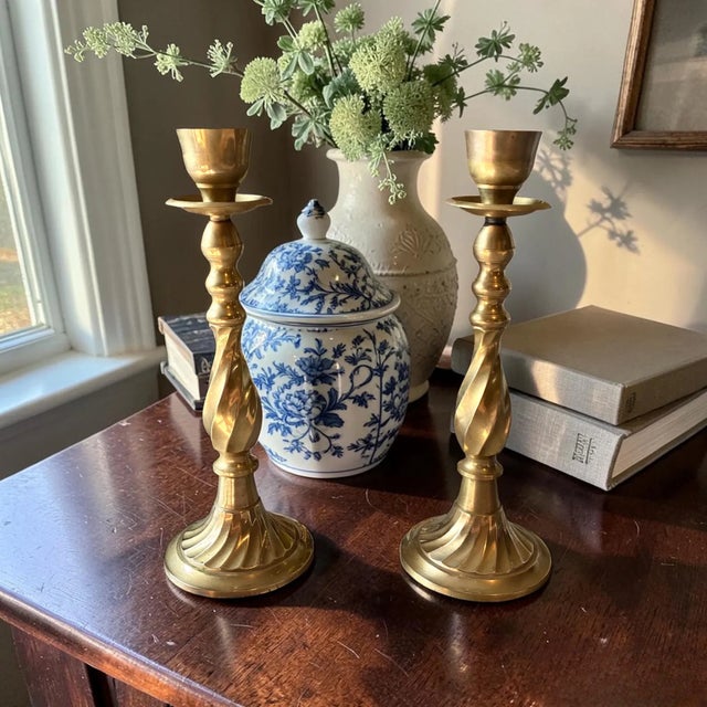 Metal Vintage 13" Solid Brass Candlesticks – Pair | Tall Twisted Brass Taper Candle Holders | English Country | Traditional Decor For Sale - Image 7 of 8