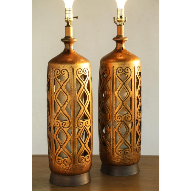 Wood 1960s Gorgeous Golden Mid-Century Brutalist Cut-Out Large Ceramic Table Lamps - A Pair For Sale - Image 7 of 17