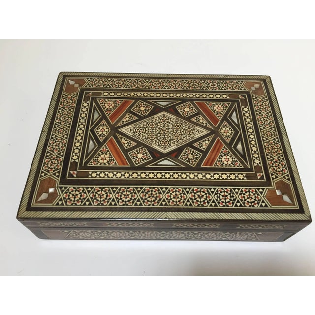 Islamic Middle Eastern Moorish Mosaic Inlay Jewelry Box For Sale - Image 3 of 10
