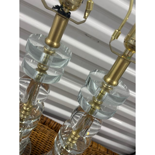 Early 21st Century Swedish Style Stacked Crystal Glass and Brass Table Lamps - A Pair For Sale - Image 5 of 7