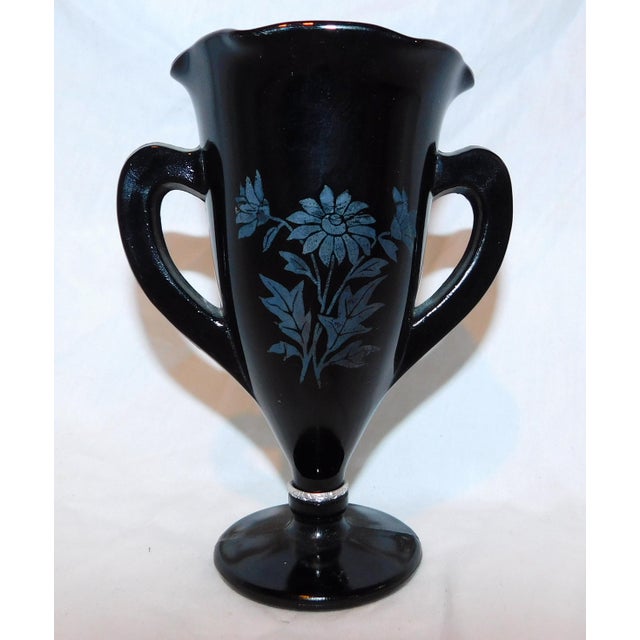 L.E. Smith black milk glass loving cup vase with etched floral design and silver ring fastened around base of stem