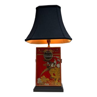 Red Chinoiserie Style Box Table Lamp, Vintage For Sale