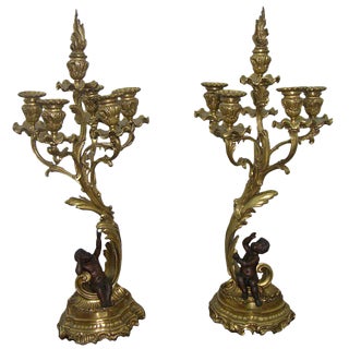 1870 Antique French Napoleon III Bronze and Ormolu Candelabras - a Pair For Sale