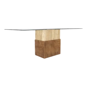 Travertine Leather Single Pedestal Glass Top Mid century Modern Rectangle Table