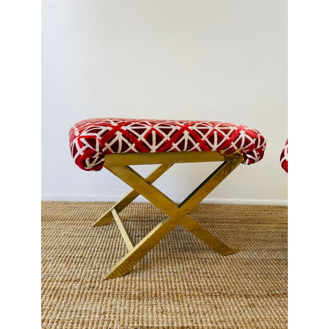 Vintage 1970s Pair of Brass X Base Weiman / Warren Lloyd Mastercraft Geometric Velvet Upholstered Stools Ottomans For Sale - Image 14 of 18