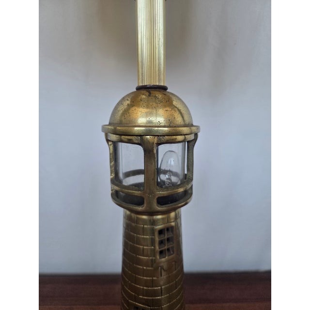 Late 20th Century Mid-Century Modern Nautical Brass Lighthouse Table Lamp W/ Hardwood Base For Sale - Image 4 of 10