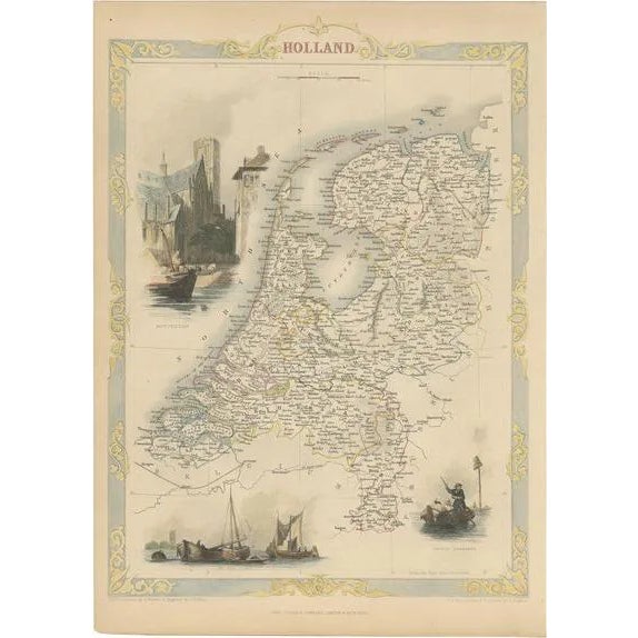 Antique Map of Holland with Colorful Vignettes, 1851 For Sale