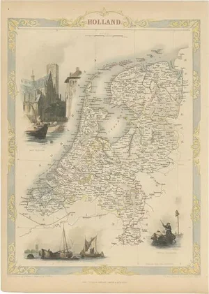 Antique Map of Holland with Colorful Vignettes, 1851