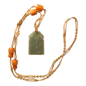 Early 20th Century Chinese Carved Green Nephrite Jade Pendant Necklace