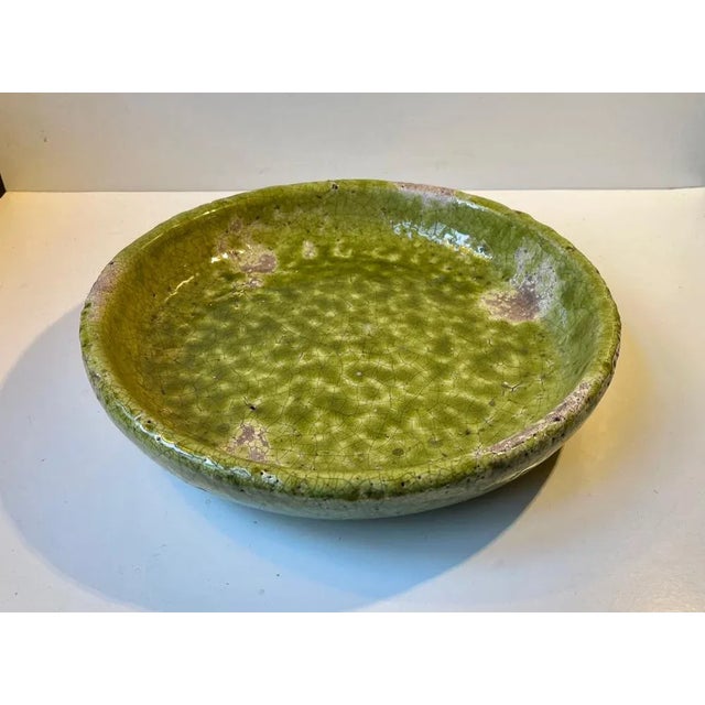 Chartreuse Large Green Stoneware Centerpiece in Raku Crackle Glaze For Sale - Image 8 of 14