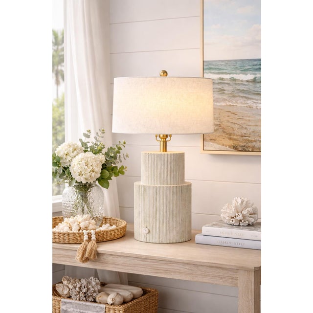 Shabby Chic Mid 20th Century Coastal Fluted Column Table Lamp With Whitewashed Finish and 18” Linen Drum Shade, 27” H For Sale - Image 3 of 6