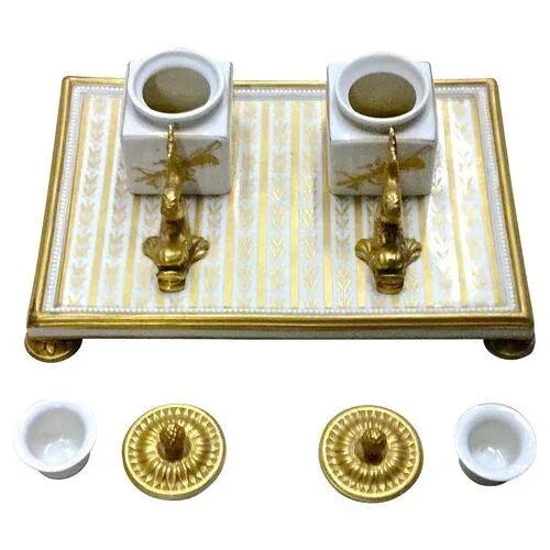 Mottahedeh Vintage Dolphin & Leaf Porcelain Double Inkwell For Sale - Image 4 of 11