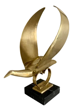 Modernist Brass Bird Hood Ornament Mounted on Marble Base