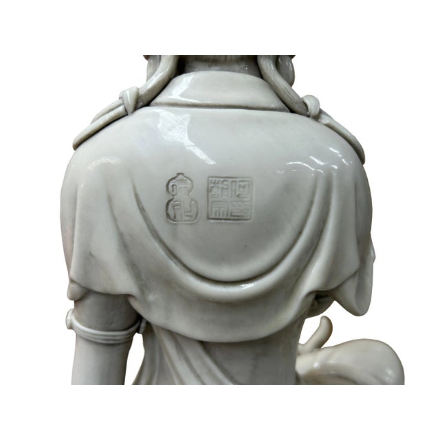 Chinese Handcrafted GuanYin Bodhisattva on Dragon White Porcelain Statue For Sale - Image 10 of 10