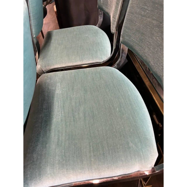1980s Set of 6 Mid-Century Bar Stools With Aqua Mohair Upholstery and Chrome Bases For Sale - Image 10 of 14