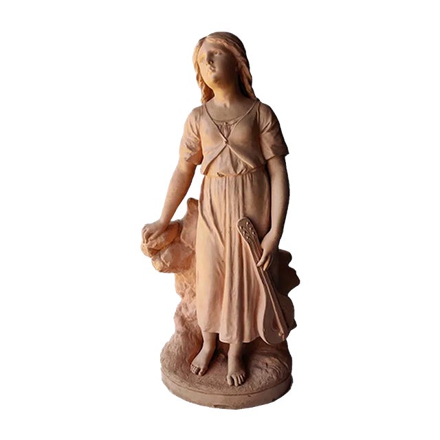 Antique Terracotta Girl with Mandolin Sculpture For Sale